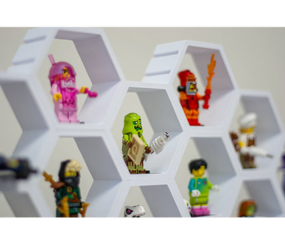 Zeshoekige minifiguur-houder met connectors.
