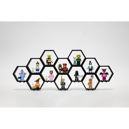 Zeshoekige minifiguur-houder met connectors aan alle zijden. 12 stuks (combi-deal)