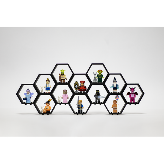 Zeshoekige minifiguur-houder met connectors aan alle zijden. 12 stuks (combi-deal)