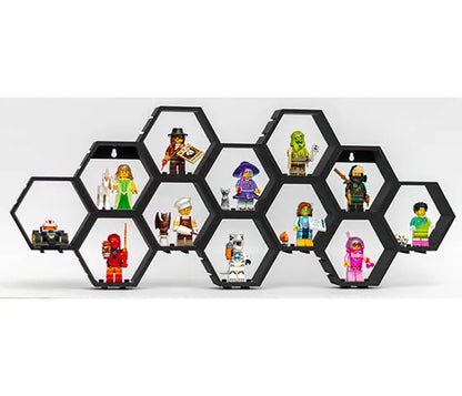 Zeshoekige minifiguur-houder met connectors aan alle zijden. 12 stuks (combi-deal)