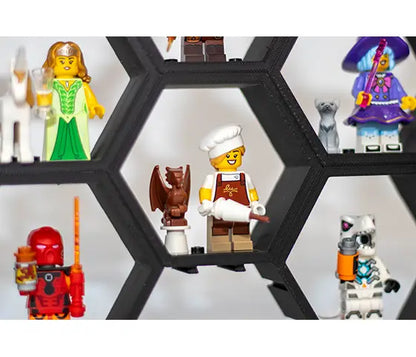 Zeshoekige minifiguur-houder met connectors aan alle zijden. 12 stuks (combi-deal)