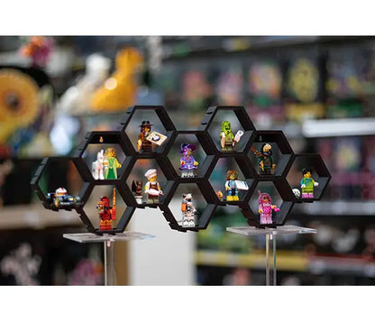 Zeshoekige minifiguur-houder met connectors aan alle zijden. 12 stuks (combi-deal)